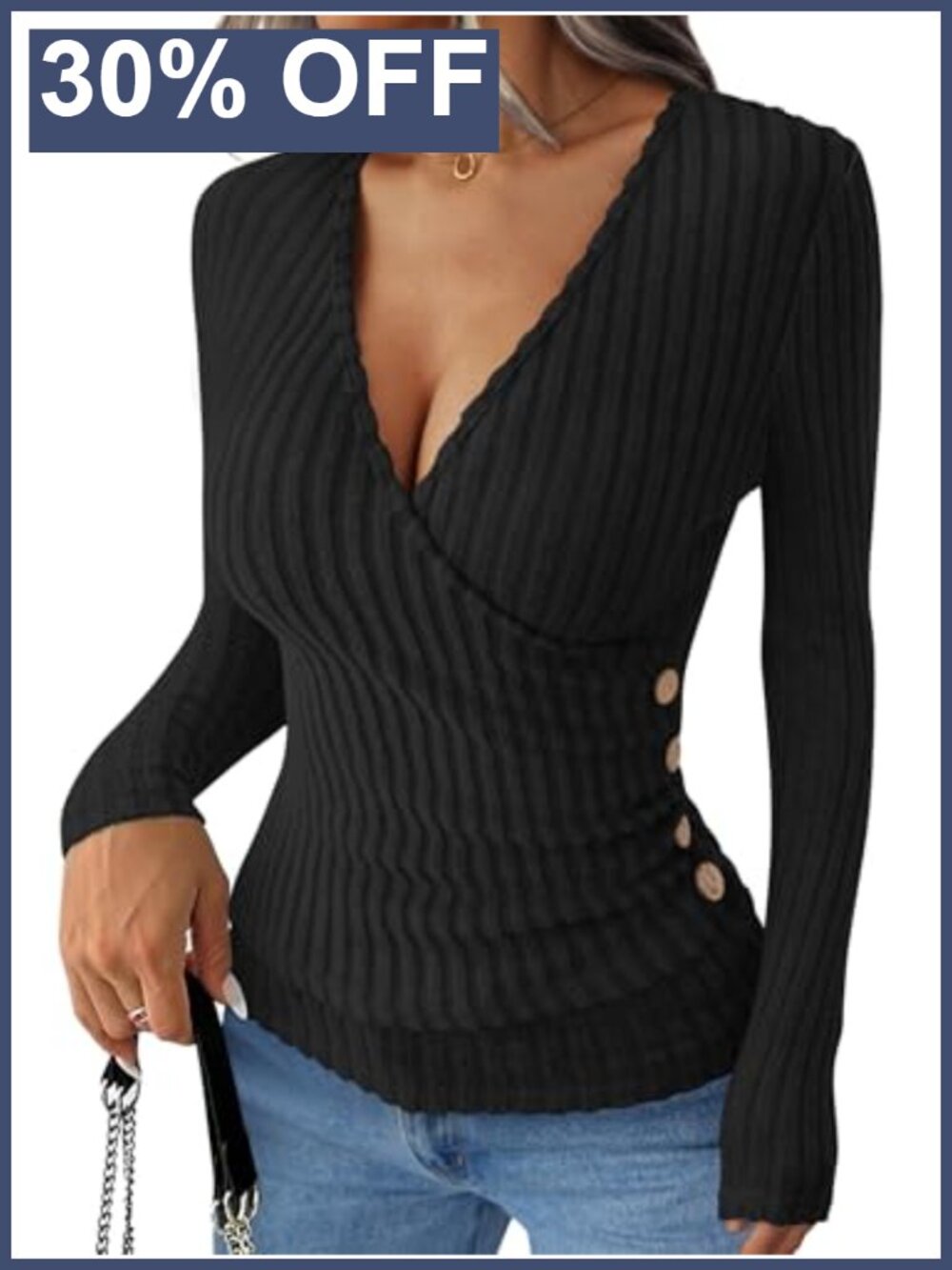 ANRABESS Women's Slim Fit V Neck Long Sleeve Button Side Top